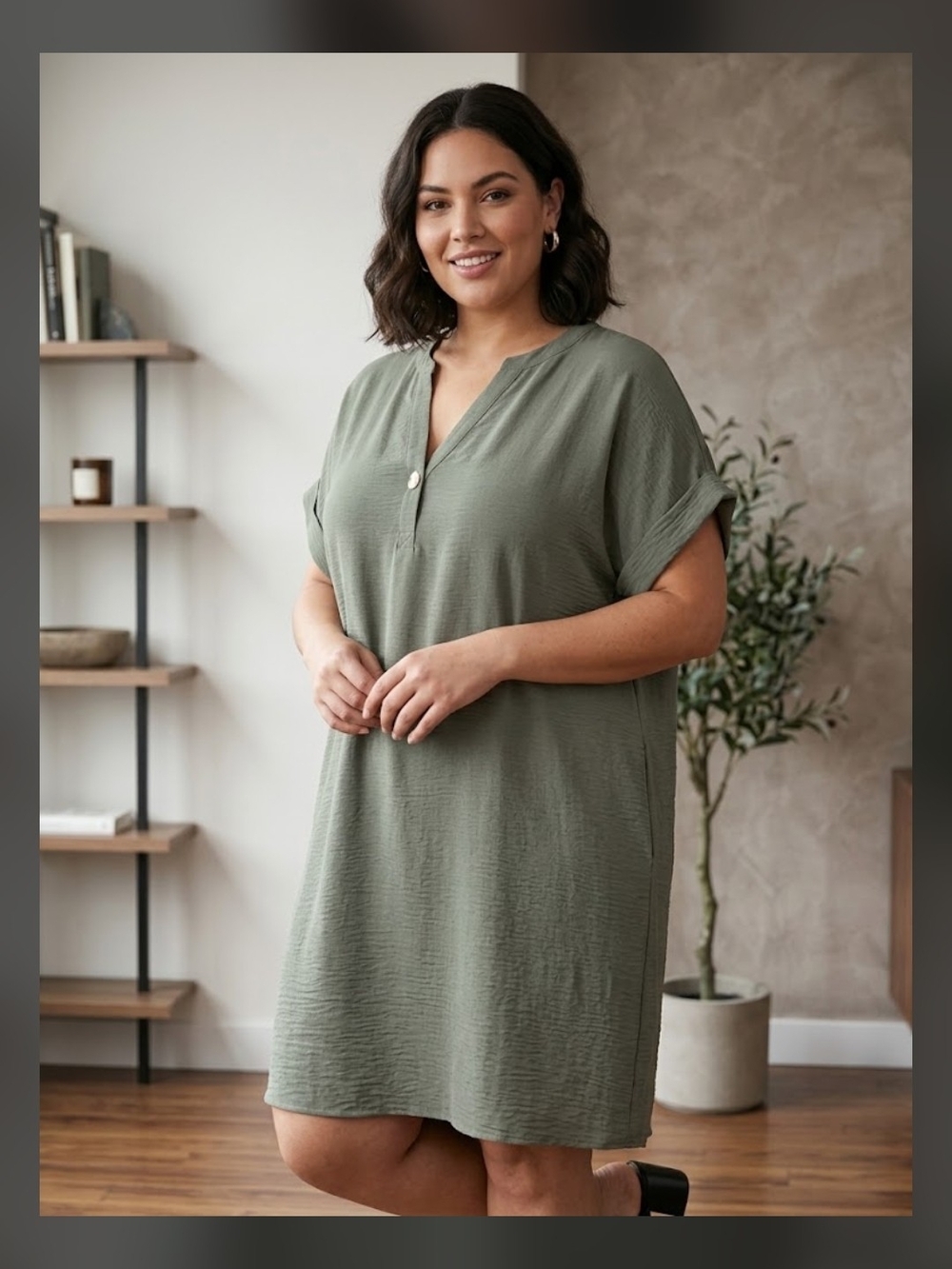 Reitmans Olive Green Textured Midi Dress